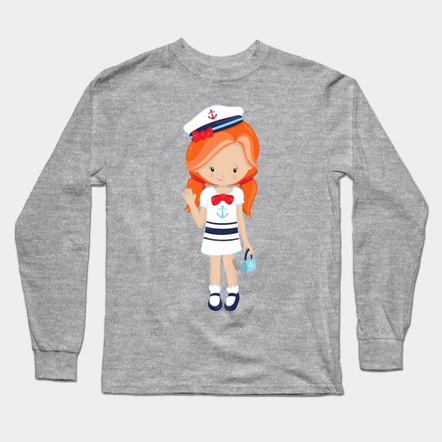 Boat Captain, Skipper, Cute Girl, Orange Hair Long Sleeve T-Shirt by Jelena Dunčević